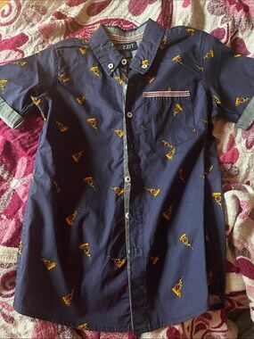 Boys Navy Short-Sleeve Pizza Print Button-Down Shirt